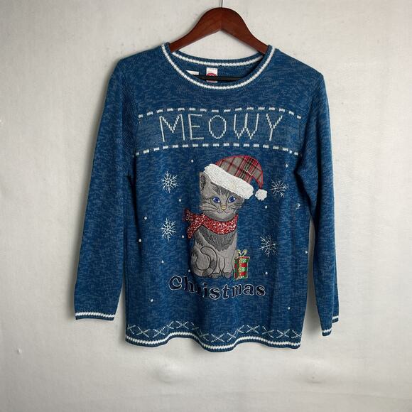 Holiday Time Ugly Christmas Sweater Meowy Christmas Cat 1X 16W Blue - Picture 2 of 8